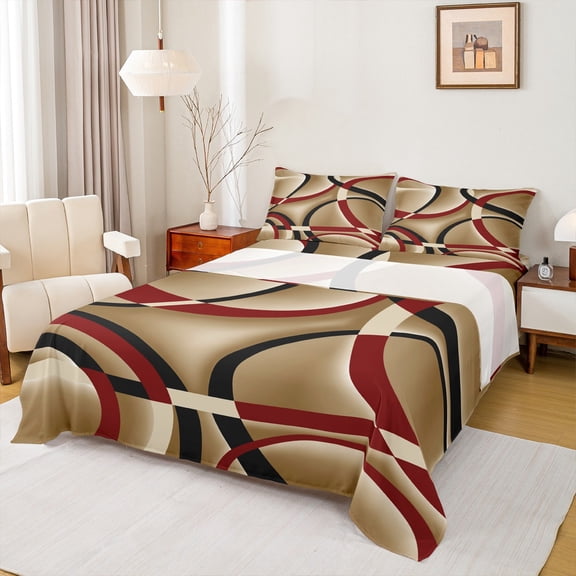 Manfei Vintage Geometric Stripe Twin Sheet Sets,Modern Abstract Art Twin Fitted Sheet,Brown Red Black Flat Sheet For Men Women,Super Cozy Room Decor,3pcs