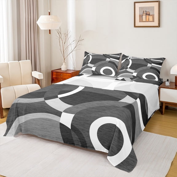 Manfei Vintage Geometric Stripe Twin Sheet Sets,Modern Abstract Art Twin Fitted Sheet,White Gray Flat Sheet For Men Women,Super Cozy Room Decor,3 Pieces