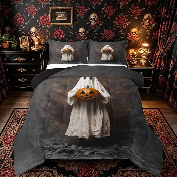 Manfei Vintage Ghost Pumpkin Queen Comforter Set 3 Pieces, Autumn Leaves Happy Halloween Comforter Sets Queen, Brown Gray White,Black Reversible,1 Comforter and 2 Pillowcases