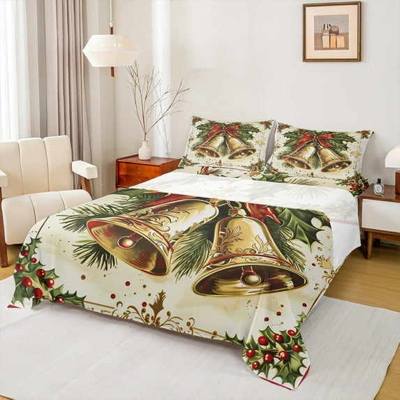 Manfei Vintage Gold Bell Full Size Sheets, Western Christmas Festival Bed Sheets, Teens Kids Child Sheet Sets, Lightweight Room Decor, 4-Piece