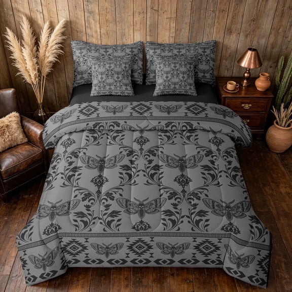 Manfei Vintage Gothic Death Moth Full Size Bedding Sets, Aztec Tribal Damask Full Size Bed in a Bag, Gray Black, Black Reversible 7-Piece