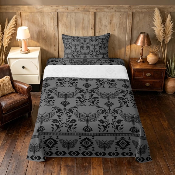 Manfei Vintage Gothic Death Moth Twin Sheets, Aztec Tribal Damask Bedding, Gray Black, Black Reversible 3 Pieces1 Flat Sheet + 1 Fitted Sheet + 1 Pillowcase