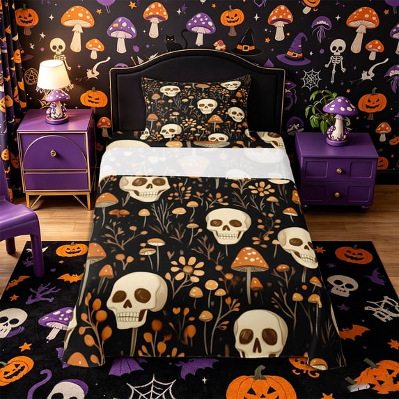 Manfei Vintage Gothic Skull Mushroom Twin Sheets 3pcs, Botanical Flower Happy Halloween Bedding, Orange Black Beige,1 Fitted Sheet, 1 Flat Sheet and 1 Pillowcase