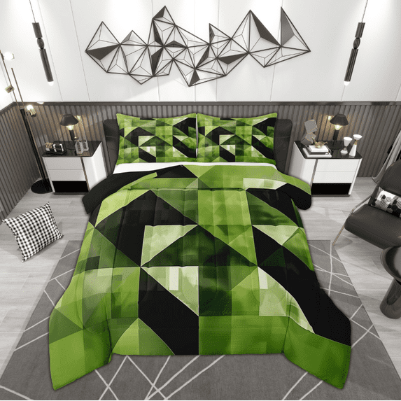 Manfei Vintage Green Square Queen Comforter Set, Triangle Geometric Bedding Comforter Set, Abstract Ombre Reversible Bedding Set, Lightweight Room Decor, 3-Piece