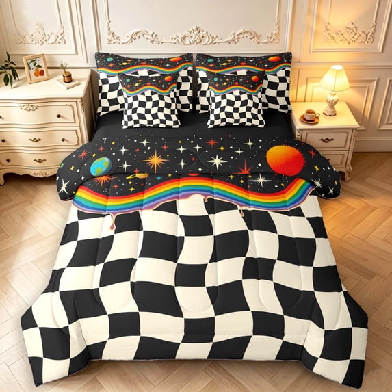 Manfei Vintage Grid 7 Pieces Full Size Bedding Sets,Modern Check Full Size Bed in a Bag,Black Blue Red,Black Reversible