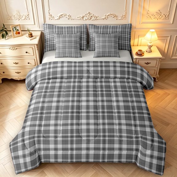 Manfei Vintage Grid 7 Pieces Full Size Bedding Sets,Modern Check Full Size Bed in a Bag,Light Black,Light Gray Reversible