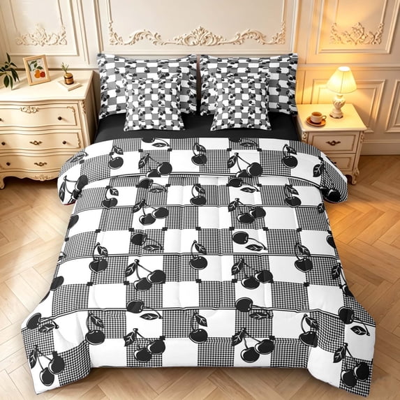 Manfei Vintage Grid 7pcs Queen Bedding,Cute Cherry Bedding Comforter Set Queen,Black White Red,Black Reversible