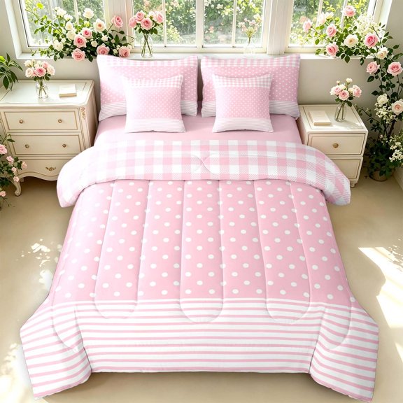 Manfei Vintage Grid 7pcs Queen Bedding,Kawaii Polka Dot Bedding Comforter Set Queen,Light Pink,Pink Reversible