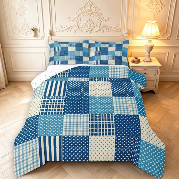 Manfei Vintage Grid Full Size Comforter Sets,Modern Check Bedding Comforter Set,Blue White,Reversible,3pcs,1 Comforter and 2 Pillowcases,3pcs,1 Comforter and 2 Pillowcases