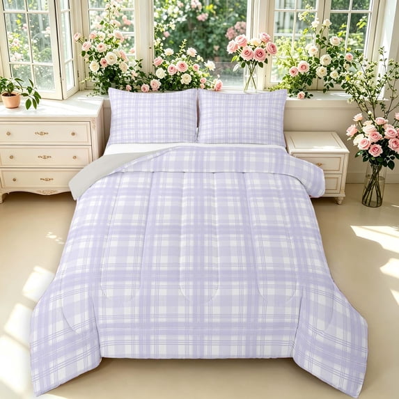 Manfei Vintage Grid Full Size Comforter Sets,Modern Checkered Bedding Comforter Set,Purple,Light Gray Reversible,3 Pieces,1 Comforter and 2 Pillowcases,3 Pieces,1 Comforter and 2 Pillowcases