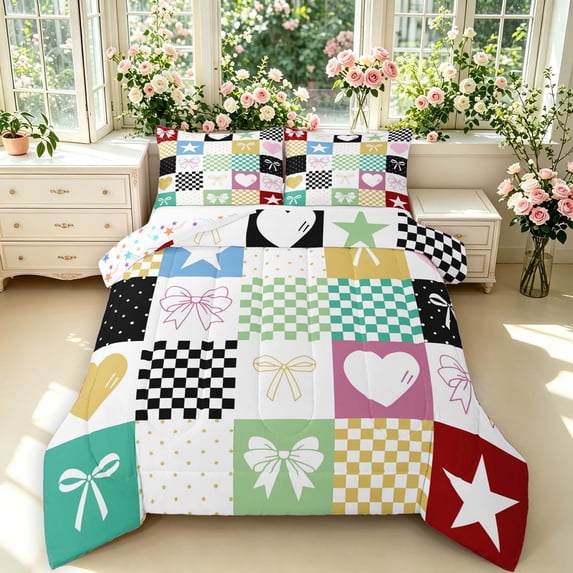 Manfei Vintage Grid King Size Comforter Sets,Cute Bowknot Comforters King Size,Yellow White,Colorful Stars Reversible,3pcs,1 Comforter and 2 Pillowcases,3pcs,1 Comforter and 2 Pillowcases