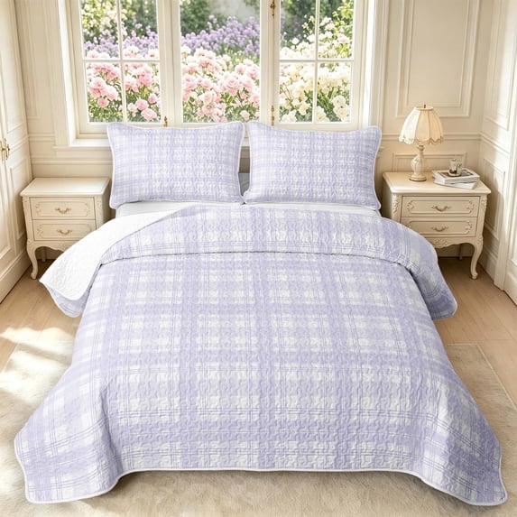 Manfei Vintage Grid Quilt King,Modern Checkered King Coverlet Set,Purple,3 Pieces,1 Bedspread and 2 Pillowcases
