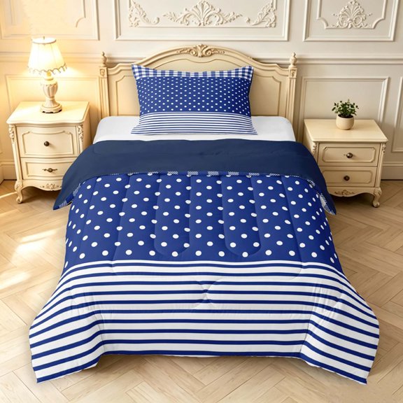 Manfei Vintage Grid Twin Comforter Sets,Kawaii Polka Dot Bedding Set,Navy,Navy Blue Reversible,2-Piece,1 Comforter and 1 Pillowcase,2-Piece,1 Comforter and 1 Pillowcase