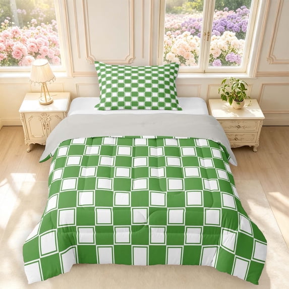 Manfei Vintage Grid Twin Comforter Sets,Modern Check Bedding Set,Dark Green,Light Gray Reversible,2-Piece,1 Comforter and 1 Pillowcase,2-Piece,1 Comforter and 1 Pillowcase