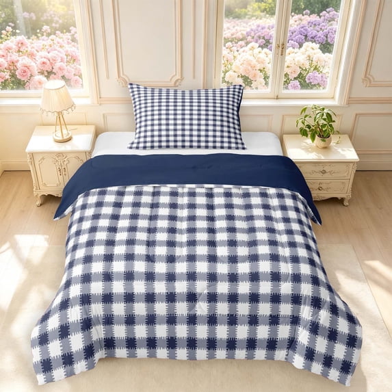 Manfei Vintage Grid Twin Comforter Sets,Modern Check Bedding Set,Navy,Navy Blue Reversible,2-Piece,1 Comforter and 1 Pillowcase,2-Piece,1 Comforter and 1 Pillowcase