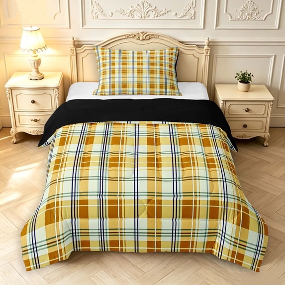 Manfei Vintage Grid Twin Comforter Sets,Modern Check Bedding Set,Yellow,Black Reversible,2pcs,1 Comforter and 1 Pillowcase,2pcs,1 Comforter and 1 Pillowcase