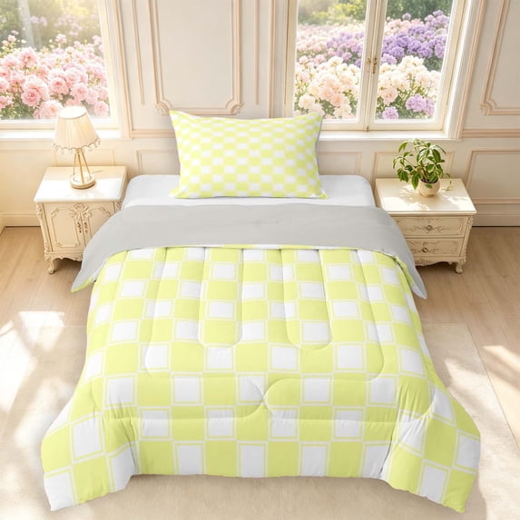 Manfei Vintage Grid Twin Comforter Sets,Modern Checkered Bedding Set,Light Yellow,Light Gray Reversible,2 Pieces,1 Comforter and 1 Pillowcase,2 Pieces,1 Comforter and 1 Pillowcase