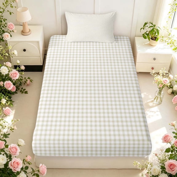 Manfei Vintage Grid Twin Fitted Sheet,Modern Check Bedding,Beige White,2 Pieces,1 Fitted Sheet and 1 Pillowcase