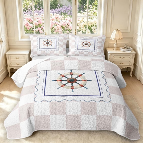 Manfei Vintage Grid Twin Quilt Set,Coastal Nautical Twin Coverlet Set,Light Pink White,2pcs,1 Bedspread and 1 Pillowcase