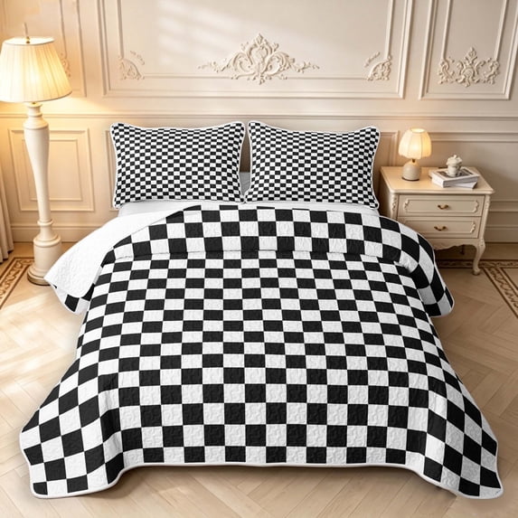 Manfei Vintage Grid Twin Quilt Set,Modern Checkered Twin Coverlet Set,Black White,2 Pieces,1 Bedspread and 1 Pillowcase