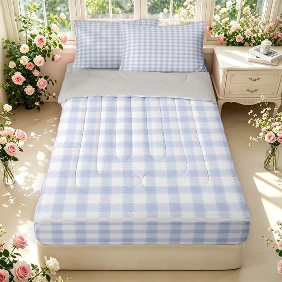 Manfei Vintage Grid Zipper Full Size Comforter Sets with Fitted Sheet and 2 Pillowcases,Modern Checkered Zipper Bedding Set,Blue White,Light Gray Reversible,4pcs
