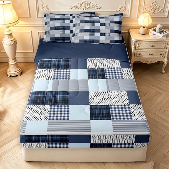 Manfei Vintage Grid Zipper Twin Comforter Sets with Fitted Sheet and 2 Pillowcases,Modern Check Zipper Bedding Set,Blue White Gray,Navy Blue Reversible,4pcs