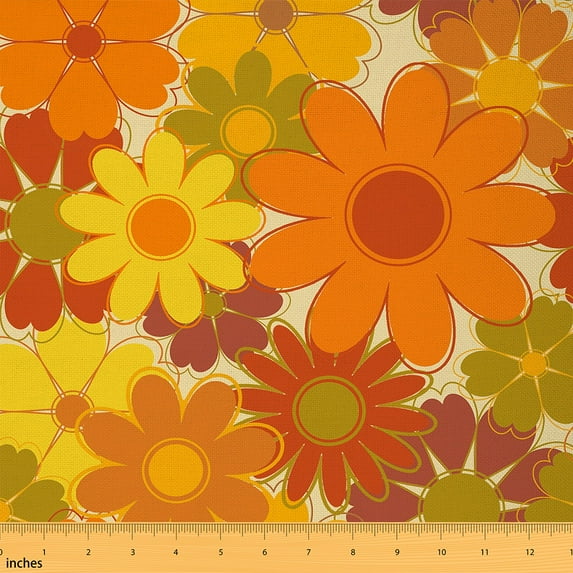 Manfei Vintage Groovy Floral Fabric by the Yard (1 Yard), Orange Flower Decorative Fabric by the Yard, Daisy Blossoms DIY Fabric