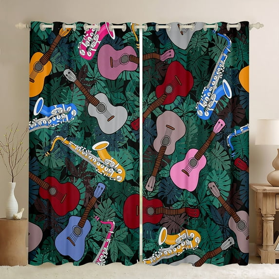 Manfei Vintage Guitar Music Blackout Curtains Set of 2 (52x84 Each) for Kid, Green Palm Leaf Window Curtains, Tropic Plant Botanical Curtains and Drapes, Curtains Blackout Bedroom Decor