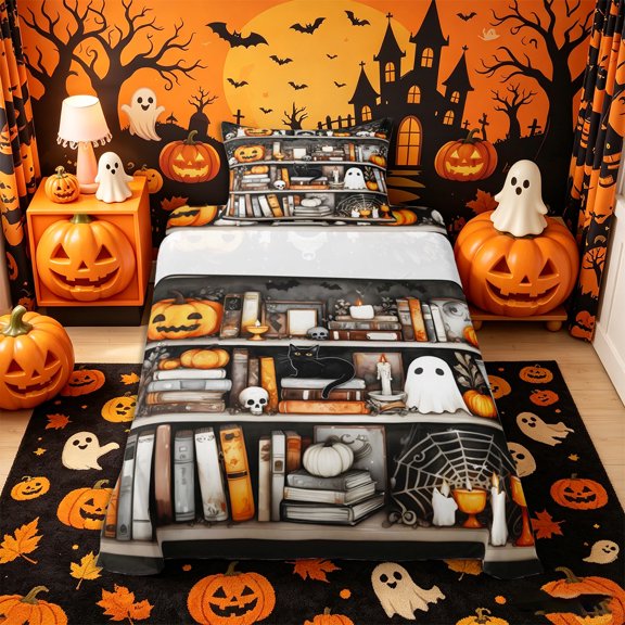 Manfei Vintage Halloween Library Twin Sheets 3pcs, Pumpkin Black Cat Ghost Bedding, Orange Black Cream,1 Fitted Sheet, 1 Flat Sheet and 1 Pillowcase