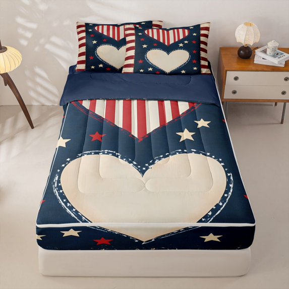 Manfei Vintage Heart Striped Zipper Twin Comforter Sets with Fitted Sheet and 2 Pillowcases,Classic American Flag Zipper Bedding Set,Red White Blue,Navy Blue Reversible,4pcs