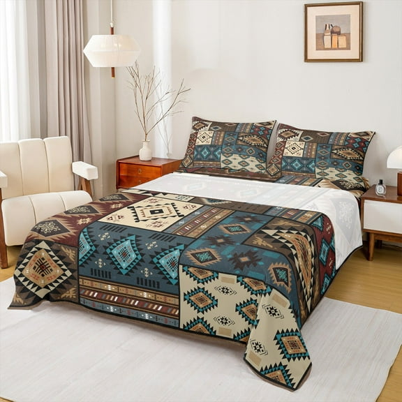 Manfei Vintage Hippie Aztec Bed Sheets for Man, Brown Western Triangle King Sheets, Rustic Farmhouse Patchwork Sheet Set, Breathable Home Decor, 4 Pieces