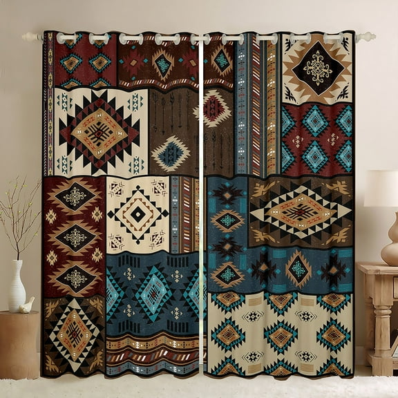 Manfei Vintage Hippie Aztec Black Out Curtains for Man, Brown Western Triangle Curtains Pack of 2 (42x63 Each), Rustic Farmhouse Patchwork Bedroom Curtains, Living Room Curtains Decor