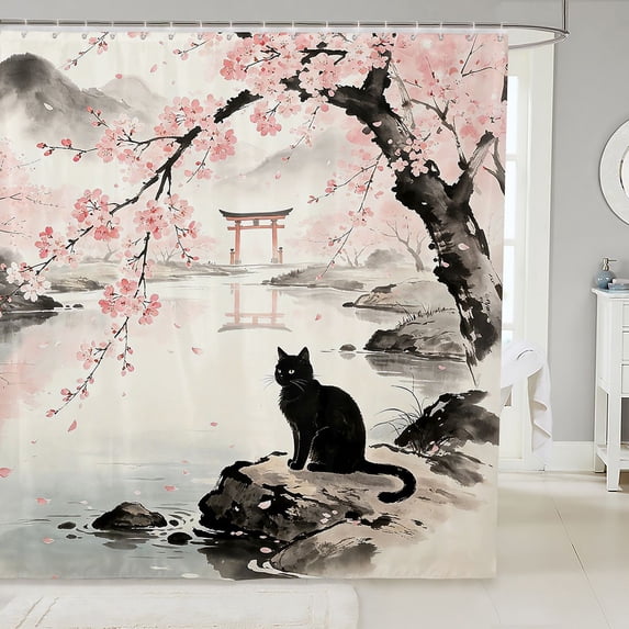 Manfei Vintage Kitten Shower Curtain 72Wx72L, Ancient Japanese Floral Bathroom Curtain, Pink