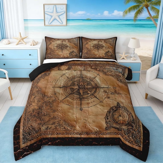 Manfei Vintage Leather Nautical Compass Map Full Size Comforter Sets for Kids Boys and Girls, Coastal Sailing Print Bedding Sets, Black Reversible 3-Piece, 1 Comforter and 2 Pillowcases