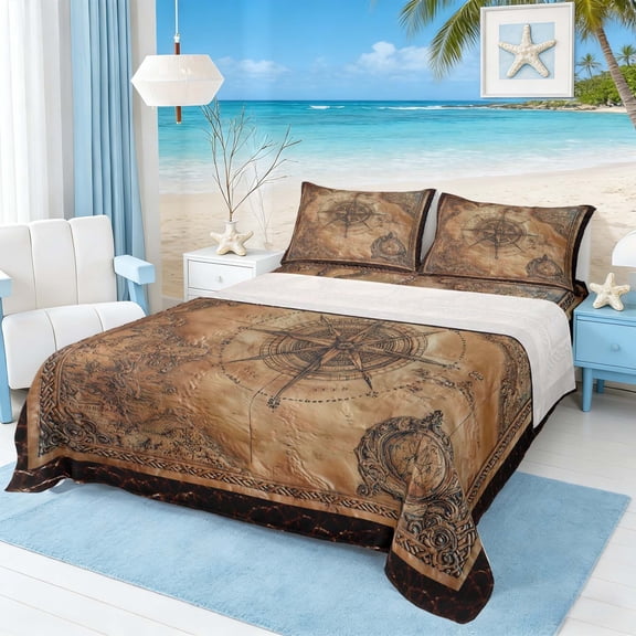Manfei Vintage Leather Nautical Compass Map Full Size Sheets for Kids Boys and Girls, Coastal Sailing Print Bed Sheets 4-Piece, 1 Flat Sheet, 1 Fitted Sheet and 2 Pillowcases