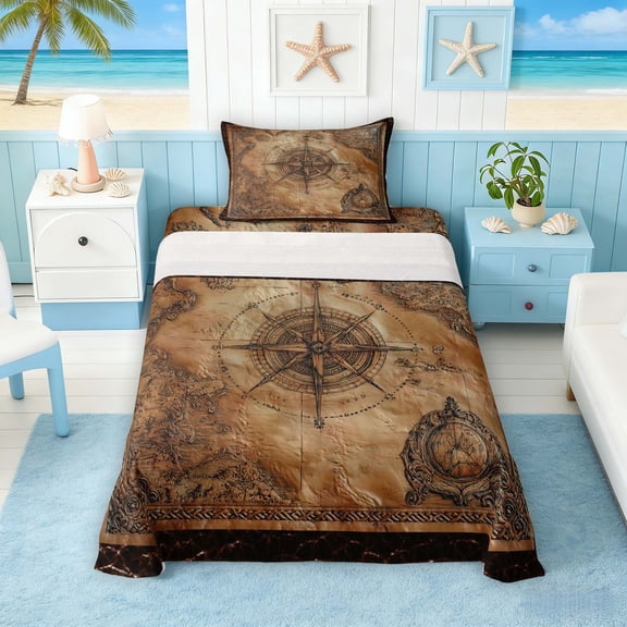 Manfei Vintage Leather Nautical Compass Map Twin Sheet Sets for Kids Boys and Girls, Coastal Sailing Print Bedding 3-Piece, 1 Flat Sheet, 1 Fitted Sheet and 1 Pillowcase