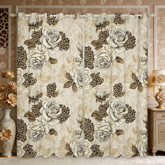 Manfei Vintage Leopard Print Blackout Curtains,Rustic Flowers Curtains Pack of 2 (42x84 Each)