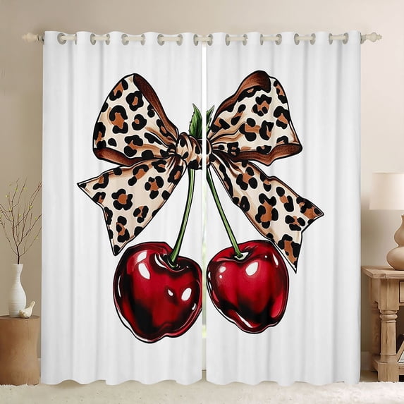 Manfei Vintage Leopard Print Bow Black Out Curtains for Teens Girls,Red Cherry Fruit Curtains Pack of 2 (42x63 Each) for Kids,Ultra Soft Home Decor