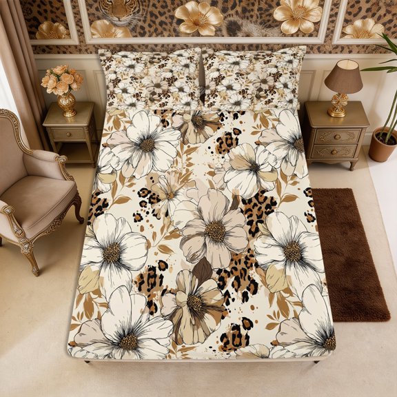 Manfei Vintage Leopard Print Fitted Sheet Full 3 Pieces,1 Fitted Sheet and 2 Pillowcases
