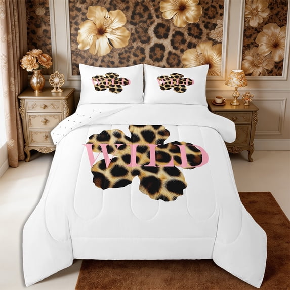 Manfei Vintage Leopard Print Full Size Comforter Sets 3-Piece,Abstract Flower Bedding Comforter Set,1 Comforter and 2 Pillowcases,Reversible