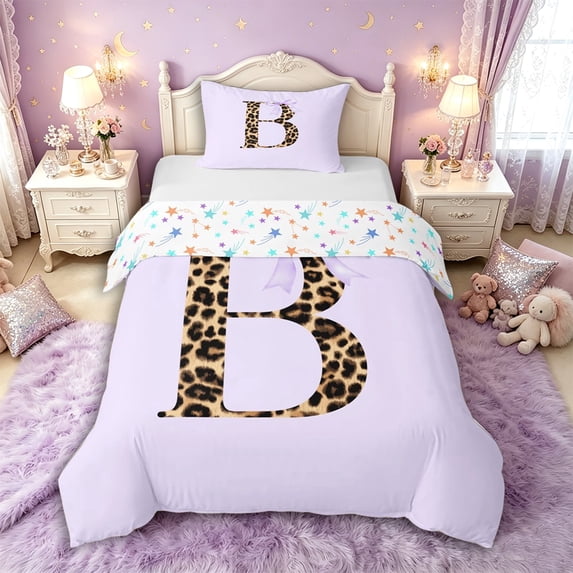 Manfei Vintage Leopard Print Letter Monogrammed B Twin Bedding for Girls Women,Purple Ribbon Bow Knot Duvet Cover Set for Kids Teens,Super Cozy Room Decor,2pcs,No Comforter