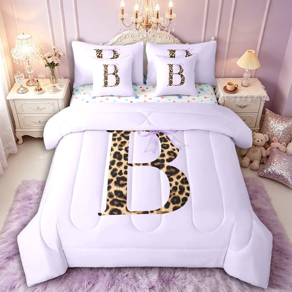 Manfei Vintage Leopard Print Letter Monogrammed B Twin Bedding Sets 7-Piece for Girls Women,Purple Ribbon Bow Knot Bedding Comforter Set for Kids Teens,Super Cozy Room Decor