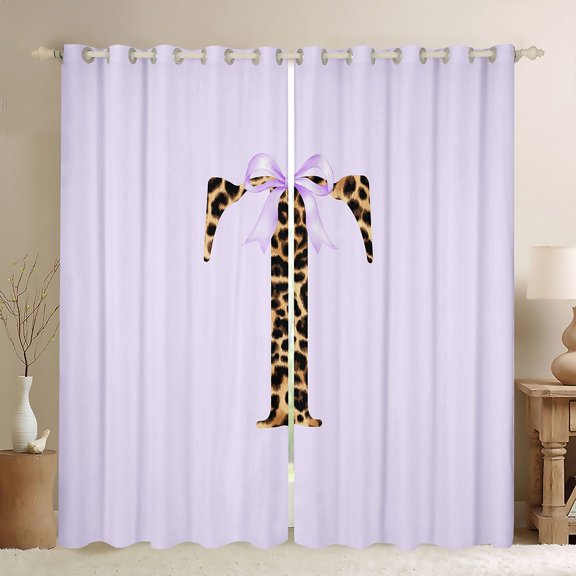 Manfei Vintage Leopard Print Letter Monogrammed T Black Out Curtains for Girls Women,Purple Ribbon Bow Knot Curtains Pack of 2 (42x63 Each) for Kids Teens,Super Cozy Room Decor