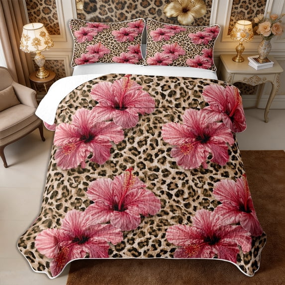 Manfei Vintage Leopard Print Quilt King 3 Pieces,Rustic Flowers King Coverlet Set,1 Bedspread and 2 Pillowcases