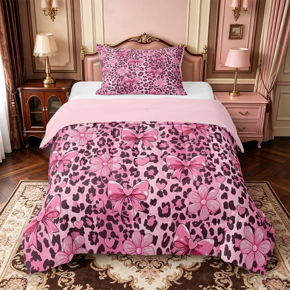Manfei Vintage Leopard Print Twin Comforter Sets,Pink Princess Bow Bedding Set,Pink Reversible,2-Piece,1 Comforter and 1 Pillowcase