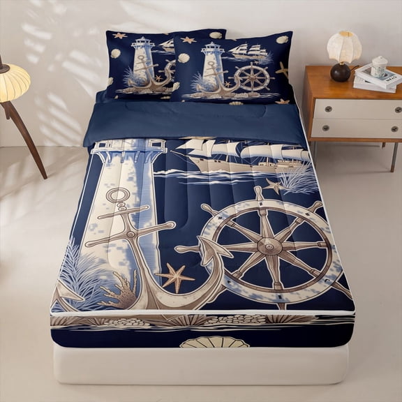 Manfei Vintage Lighthouse Sailboat Anchor Rudder Zipper Twin Comforter Sets with Fitted Sheet and 2 Pillowcases for Kids Boys and Girls, Nautical Print Zipper Bedding Set, Navy Reversible, 4pcs