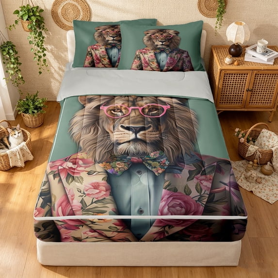 Manfei Vintage Lion Zipper Full Size Comforter Sets with Fitted Sheet and 2 Pillowcases, Fashion Animal Print Zipper Bedding Set, Brown Sage, Gray Reversible, 4pcs