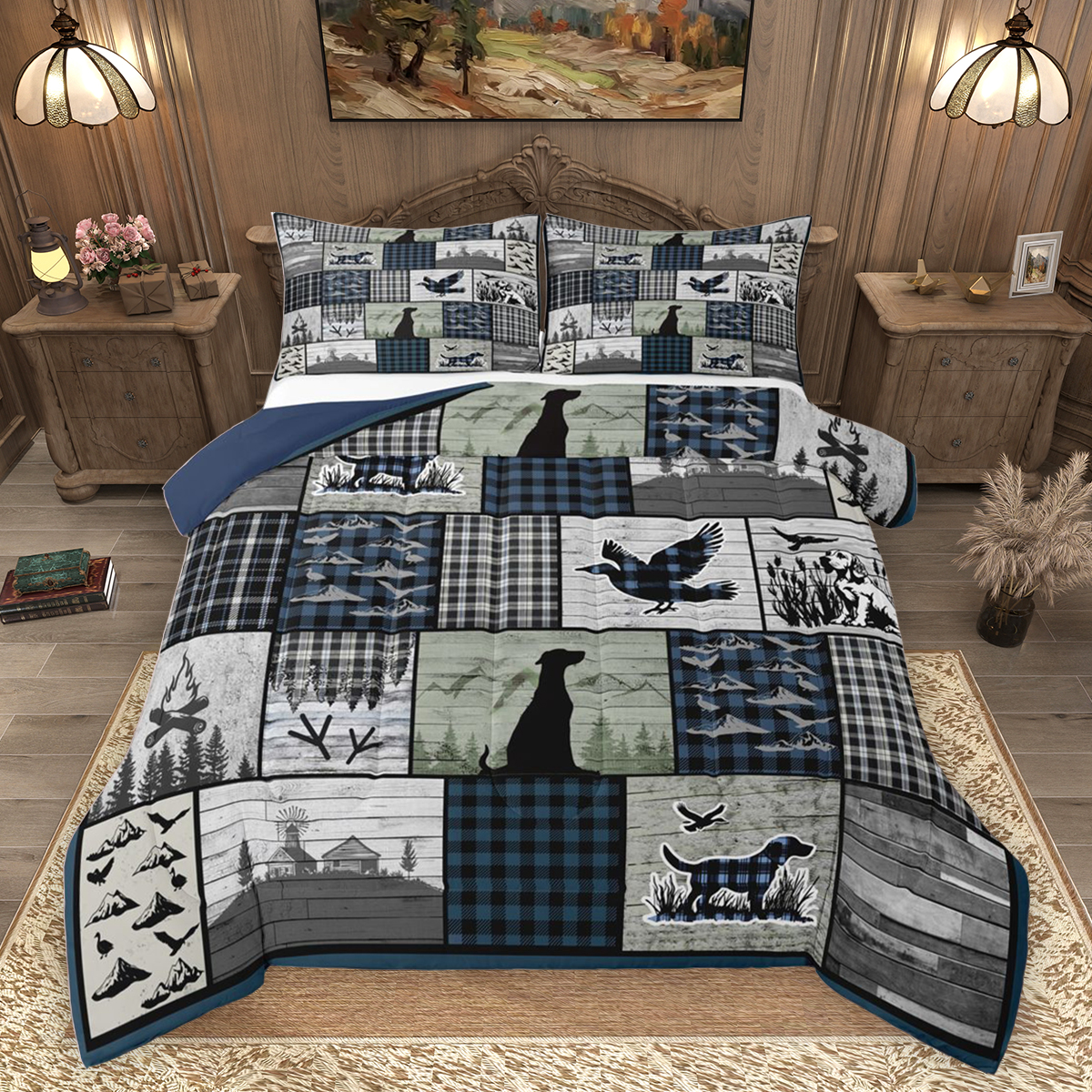 Homewish Vintage Lodge Cabin Full Size Comforter Sets, Blue Buffalo ...
