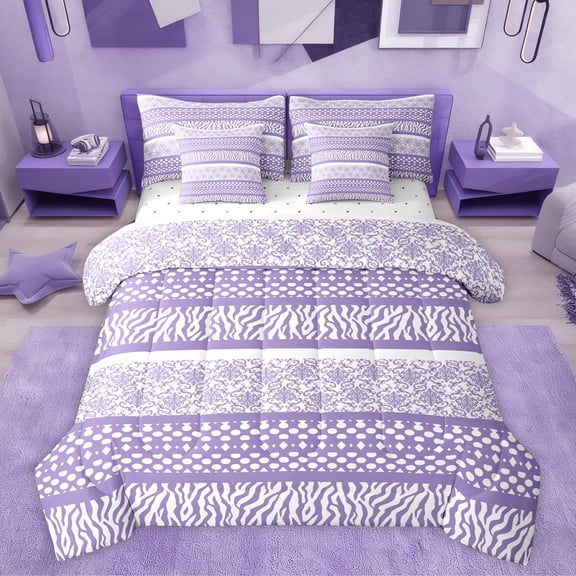 Manfei Vintage Mandala Damask Bedding Comforter Set 7pcs, Plum Zebra Print King Bedding Sets, Cycle Stripes Abstract Reversible Bed Sheets, Lightweight Room Decor