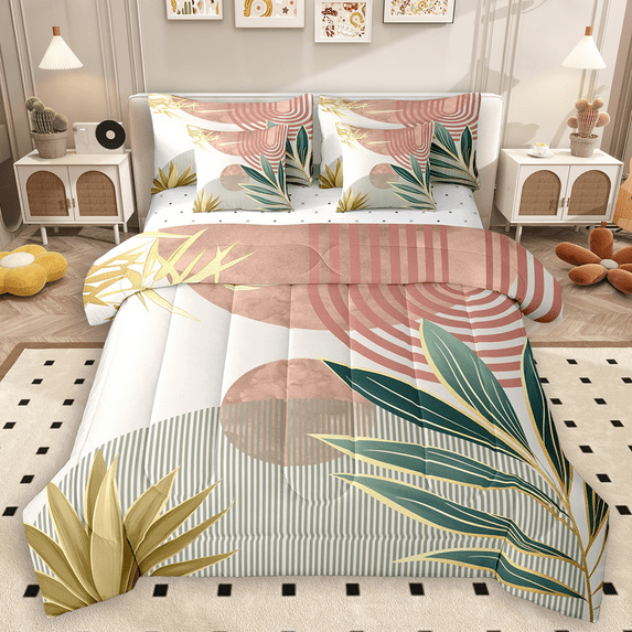 Manfei Vintage Minimalist Leaves Bedding Comforter Set 7pcs, Retro Mid Century Art King Bedding Sets, Geometric Lines Bed Sheets, Super Cozy Room Decor